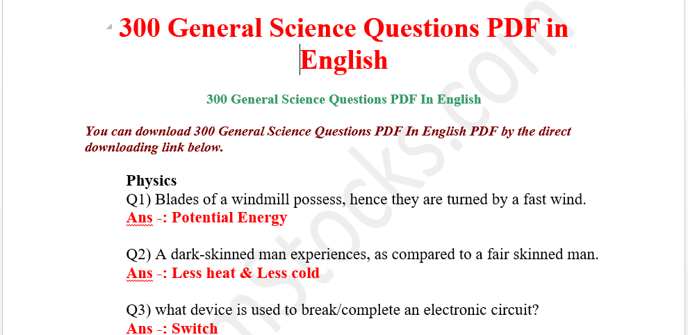300 General Science Questions PDF In English