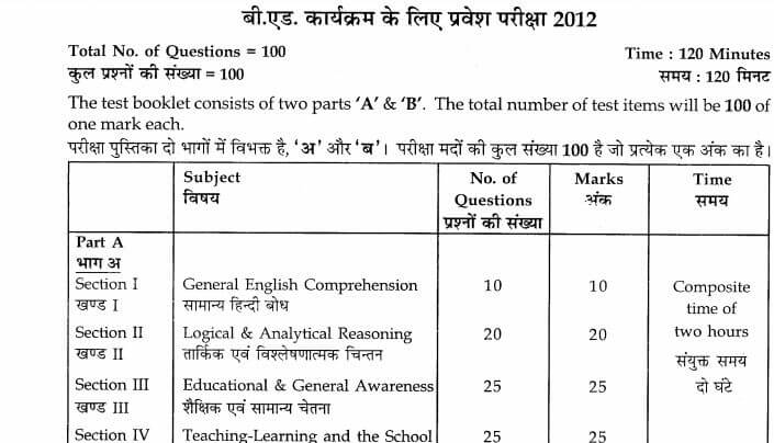 B.Ed Entrance Exam Model Question Paper PDF in Hindi