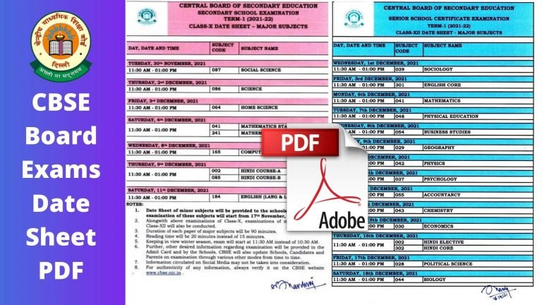 CBSE Board Exams Date Sheet PDF 2021-22 For Class 10th & 12th
