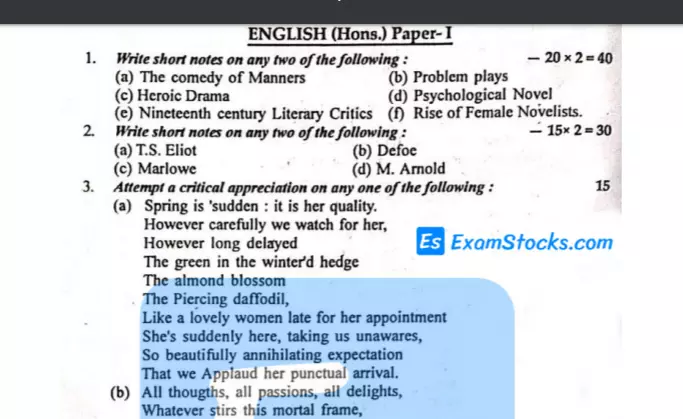 B.A Part 1 English Honours Previous Year Papers PDF