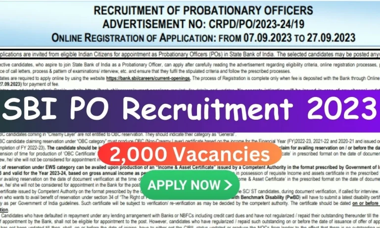 SBI PO Recruitment 2023, Notification PDF, Apply Online for 2000 Posts