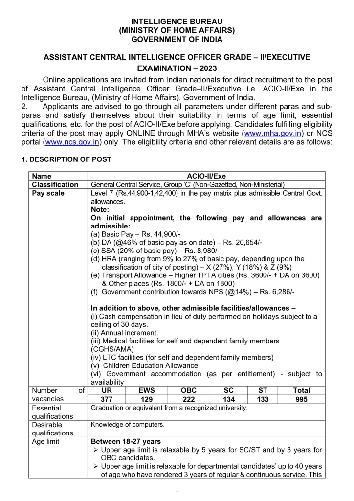 IB ACIO Recruitment Notification 2023 PDF